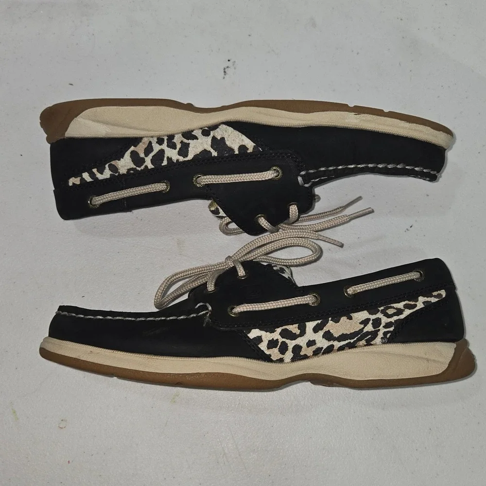 Sperry Top-Sider Womens 8.5M Blue Leather Leopard Print Boat Shoes 9775909